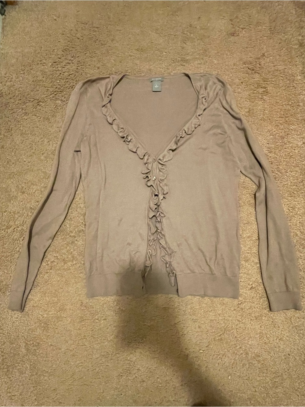 Ann Taylor tan cardigan with ruffle detailing, size S